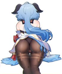 Rule 34 | 1girl, absurdres, ahoge, ass, back, backless outfit, bare shoulders, black leotard, blue hair, bodystocking, bodysuit, bow, brown pantyhose, cameltoe, cleft of venus, detached sleeves, from behind, ganyu (genshin impact), genshin impact, gold trim, highres, horns, ldd.ek, leotard, leotard under clothes, long hair, low ponytail, pantyhose, partially visible vulva, pussy juice, red rope, rope, solo, tassel, thigh gap, thighlet, thighs, white background