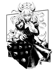 Rule 34 | 1girl, black dress, bowser logo, bowsette, bracelet, breasts, cleavage, collar, covered navel, dress, earrings, fancyrook, fingernails, greyscale, highres, jewelry, large breasts, long hair, mario (series), monochrome, new super mario bros. u deluxe, nintendo, pointy ears, puffy short sleeves, puffy sleeves, sharp fingernails, sharp teeth, short sleeves, solo, spiked bracelet, spiked collar, spiked shell, spiked tail, spikes, super crown, tail, teeth, turtle shell, upper body