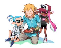 Rule 34 | 1girl, 2boys, blonde hair, blue eyes, blue hair, blush, closed eyes, curry, dark-skinned female, dark skin, earrings, emphasis lines, fang, fingerless gloves, food, glasses, gloves, hakinikui kutsu no mise, hat, holding, inkling, inkling boy, inkling girl, inkling player character, jewelry, link, long hair, male focus, multiple boys, nintendo, open mouth, pink hair, pointy ears, ponytail, shirt, shoes, smile, splatoon (series), splatoon 2, super smash bros., tentacle hair, the legend of zelda, the legend of zelda: breath of the wild, trait connection