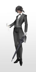 Rule 34 | 1boy, absurdres, alternate costume, arknights, black bow, black bowtie, black footwear, black hair, black jacket, black pants, black umbrella, bow, bowtie, butler, closed mouth, closed umbrella, commentary, dark-skinned male, dark skin, dated commentary, formal, full body, grey vest, highres, holding, holding umbrella, jacket, male focus, orange eyes, pants, pocket watch, ponytail, shirt, shoes, short hair, solo, standing, suit, suit jacket, suyi-j, tachi-e, thorns (arknights), umbrella, vest, waistcoat, watch, white shirt