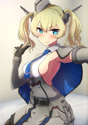 Rule 34 | 1girl, alternate hairstyle, belt, blonde hair, blue eyes, blue necktie, blush, braid, breasts, capelet, colorado (kancolle), comala (komma la), elbow gloves, garrison cap, gloves, hat, headgear, highres, holding, holding own hair, kantai collection, medium breasts, medium hair, necktie, pantyhose, selfie, sideboob, sitting, skirt, smile, solo, twintails, twintails day
