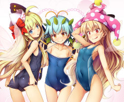 Rule 34 | 3girls, ^^^, adjusting clothes, adjusting swimsuit, ahoge, antennae, arched back, arm behind head, arm up, ass, bare arms, bare shoulders, blonde hair, blue eyes, blue hair, blue one-piece swimsuit, blush, bow, breasts, butterfly wings, cameltoe, chima q, closed mouth, clownpiece, collarbone, competition swimsuit, covered erect nipples, covered navel, cowboy shot, d:, diagonal stripes, eternity larva, eyes visible through hair, fairy, fairy wings, flat chest, from side, gluteal fold, hair between eyes, hat, hat bow, heart, highres, insect wings, jester cap, leaf, leaf on head, legs apart, lens flare, light blue hair, lily white, long hair, looking at viewer, multiple girls, old school swimsuit, one-piece swimsuit, open mouth, outline, pink headwear, polka dot, polka dot headwear, red bow, red eyes, school swimsuit, short hair, skin tight, small breasts, smile, standing, striped, striped background, surprised, sweatdrop, swimsuit, taut clothes, thigh gap, thighs, tilted headwear, touhou, transparent wings, very long hair, white headwear, white outline, wings