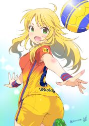 Rule 34 | 1girl, :d, ahoge, alternate costume, armpit peek, ass, ball, blonde hair, blush, body blush, breasts, character name, cleats, covered erect nipples, cowboy shot, dated, double vertical stripe, fc barcelona, fingernails, from behind, green eyes, heart, highres, hoshii miki, idolmaster, idolmaster (classic), inoue sora, la liga, leg lift, long fingernails, long hair, looking at viewer, looking back, multicolored shirt, open mouth, outstretched arms, pantylines, photoshop (medium), shirt, shoes, short sleeves, shorts, signature, small breasts, smile, sneakers, soccer, soccer ball, soccer uniform, solo, spain, sportswear, spread arms, standing, standing on one leg, t-shirt, translated, twitter username, wristband, yellow shorts