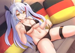 Rule 34 | 1girl, :q, ahoge, azur lane, bikini, black bikini, black bow, blush, bow, breasts, brown eyes, closed mouth, collarbone, commentary, couch, dutch angle, flag print, german flag, german flag bikini, grey hair, hair bow, highres, kazenokaze, large breasts, long hair, looking at viewer, middle finger, multicolored hair, navel, on couch, pillow, print bikini, prinz eugen (azur lane), prinz eugen (unfading smile) (azur lane), red hair, side-tie bikini bottom, sidelocks, sitting, smile, solo, spread legs, streaked hair, swimsuit, thighs, tongue, tongue out, two side up, underboob, untied bikini