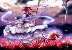 Rule 34 | 1girl, belt, cloud, cloudy sky, dress, female focus, flower, from behind, hair bobbles, hair ornament, hitodama, light particles, long hair, onozuka komachi, petals, puffy short sleeves, puffy sleeves, red hair, scythe, short sleeves, sky, spider lily, touhou, twintails, two side up, wind, xue jiang