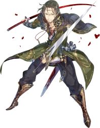 Rule 34 | 1boy, atelier (series), atelier sophie, beard, boots, brown hair, circlet, facial hair, fritz weissberg, full body, green eyes, katana, male focus, official art, simple background, solo, sword, teeth, weapon, white background, yuugen