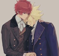 Rule 34 | 2boys, alternate costume, ascot, black jacket, blonde hair, blue jacket, bow, bowtie, brown background, brown vest, buttons, cezaria, double-breasted, giotto (reborn), hair between eyes, hand on another&#039;s shoulder, highres, holding hands, jacket, katekyo hitman reborn!, lapels, leaning on person, looking at another, male focus, multiple boys, notched lapels, open clothes, open jacket, parted lips, red eyes, red hair, shirt, short hair, simon cozzato, simple background, smile, spiked hair, teeth, upper body, upper teeth only, vest, white ascot, white bow, white bowtie, white shirt, yaoi