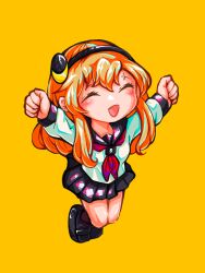 Rule 34 | 1girl, :d, arms up, aygoftenover, black footwear, black sailor collar, black skirt, blush, chibi, clenched hands, happy, highres, kneehighs, koishikawa iko, long hair, long sleeves, neckerchief, open mouth, orange hair, pleated skirt, red neckerchief, sailor collar, shirt, shy (series), simple background, skirt, smile, socks, solo, white shirt, yellow background