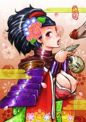 Rule 34 | 1girl, alcohol, armor, black hair, breasts, brown eyes, cleavage, comb, cum, cum in container, cum in cup, cum in mouth, cum string, cup, facial, flower, japanese clothes, katana, kimono, large breasts, momohime, oboro muramasa, open mouth, oral, penis, sakazuki, sake, short hair, solo focus, sword, tongue, uncensored, vanillaware, weapon
