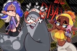 Rule 34 | 1boy, 2girls, ass, big man (splatoon), blonde hair, blue hair, capelet, dark-skinned female, dark skin, ear piercing, fangs, frye (splatoon), hair over one eye, highres, iamfixated, inkling, inkling girl, inkling player character, looking at another, manta ray, multiple girls, navel, nintendo, octoling player character, open mouth, pants, photo (object), piercing, pointy ears, red eyes, shiver (splatoon), sitting, sitting on person, splatoon (series), splatoon 3, sweater, sweatpants, tearing up, torn clothes, torn pants, turtleneck, turtleneck sweater, wide hips