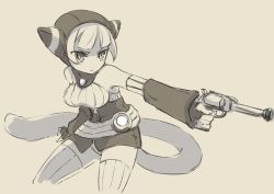 Rule 34 | 1girl, animal hood, bare shoulders, breath of fire, breath of fire v, capcom, cat hood, fingerless gloves, gloves, gun, hood, lin (breath of fire), mota, short hair, simple background, tail, thighhighs, weapon