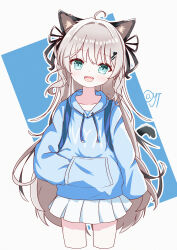 Rule 34 | 1girl, :d, absurdres, ahoge, alternate costume, animal ears, aqua eyes, arknights, blue hoodie, bow, brown hair, cat ears, cat girl, cat tail, collarbone, fang, hair bow, hair ornament, hairclip, hand in pocket, highres, hood, hoodie, long hair, mint (arknights), open mouth, oversized clothes, pleated skirt, signature, simple background, skirt, sleeves past fingers, sleeves past wrists, smile, tail, teeth, two-tone background, upper teeth only, very long hair, wavy hair, white skirt, yunduan tianshang de long yt