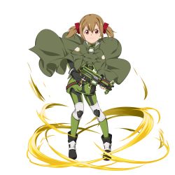 Rule 34 | 1girl, black footwear, black gloves, boots, brown hair, cape, closed mouth, fingerless gloves, frown, full body, gloves, green cape, green pants, gun, hair between eyes, highres, holding, holding gun, holding weapon, looking at viewer, military, military uniform, official art, pants, red eyes, short hair, short twintails, silica, solo, standing, sword art online, transparent background, twintails, uniform, weapon