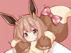 Rule 34 | 1girl, :3, animal ears, blush, bow, brown background, brown eyes, brown hair, closed mouth, creatures (company), eevee, fur, game freak, gen 1 pokemon, hair between eyes, head tilt, highres, long sleeves, looking at viewer, nintendo, personification, pink bow, pokemon, pokemon lgpe, polka dot, polka dot bow, puffy long sleeves, puffy sleeves, scarlet dango, simple background, solo, tail, tail bow, tail ornament, tail raised