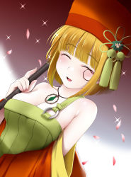 Rule 34 | 1girl, :d, absurdres, blonde hair, blush, breasts, cherry blossoms, cleavage, closed eyes, detached sleeves, dress, dutch angle, facing viewer, green dress, hair ornament, hat, highres, holding, holding umbrella, kozue akari, large breasts, long sleeves, medium hair, monocle, open mouth, petals, red hat, red umbrella, sen rikyuu, sengoku otome, smile, solo, sparkle, tassel, tassel hair ornament, umbrella