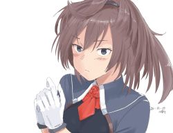 Rule 34 | 1girl, blue eyes, blush, brown hair, closed mouth, dated, flower, gloves, kantai collection, kawashina (momen silicon), long hair, own hands together, ponytail, red flower, red rose, rose, sheffield (kancolle), signature, simple background, solo, upper body, white background, white gloves