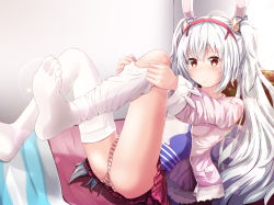 Rule 34 | 1girl, :o, absurdres, animal ears, azur lane, bad id, bad pixiv id, blush, breasts, camisole, commentary request, dressing, fur-trimmed jacket, fur trim, hair between eyes, hair ornament, hairband, highres, indoors, jacket, laffey (azur lane), long hair, long sleeves, looking at viewer, no shoes, open clothes, open jacket, panties, parted lips, pink jacket, pleated skirt, ponyaru, rabbit ears, red eyes, red hairband, red skirt, silver hair, skirt, small breasts, soles, solo, striped clothes, striped panties, thighhighs, thighhighs pull, underwear, very long hair, white camisole, white thighhighs
