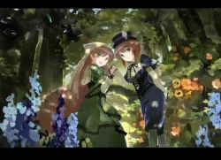 Rule 34 | 2girls, asuka shirou, brown hair, feet out of frame, female focus, flower, forest, hat, heterochromia, long hair, looking at viewer, multiple girls, nature, outdoors, rozen maiden, siblings, smile, souseiseki, standing, suiseiseki, twins, very long hair