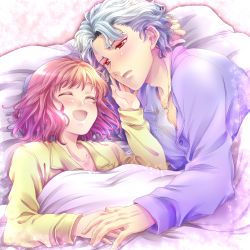 Rule 34 | 1boy, 1girl, :d, ^ ^, bed, blue hair, blush, collarbone, couple, closed eyes, hand on another&#039;s face, hetero, lying, on back, on side, open mouth, pajamas, protagonist (tokimemo gs3), red eyes, red hair, sahannji, shitara seiji, short hair, smile, tokimeki memorial, tokimeki memorial girl&#039;s side, tokimeki memorial girl&#039;s side 3rd story, under covers