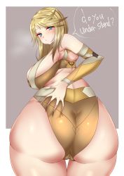 Rule 34 | 1girl, absurdres, alice gear aegis, artist request, ass, ass grab, bare shoulders, blonde hair, blue eyes, blush, breasts, deep skin, from behind, highres, huge ass, huge breasts, leotard, long hair, looking at viewer, looking back, parted lips, shiny clothes, shiny skin, shirley oakley, sideboob, solo