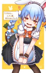 Rule 34 | 1girl, :3, alternate costume, animal ear fluff, animal ears, black pantyhose, blue hair, blush stickers, bow, bowtie, braid, brown eyes, carrot hair ornament, commentary request, cowboy shot, don-chan (usada pekora), enmaided, food-themed hair ornament, hair ornament, highres, hololive, long hair, looking at viewer, maid, maid headdress, open mouth, orange bow, orange bowtie, pantyhose, rabbit ears, rakugakiraid, signature, solo, thick eyebrows, translation request, tray, twin braids, two-tone background, usada pekora, v arms, virtual youtuber, white background, wrist cuffs, yellow background