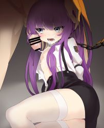 Rule 34 | 1boy, 1girl, after fellatio, arms behind back, azur lane, bar censor, black skirt, blue eyes, bound, bound arms, breasts, censored, chain, chained, clothed female nude male, cum, cum on hair, cum string, erection, facial, hairjob, hand on another&#039;s head, hetero, highres, long hair, lying, miniskirt, nipples, no bra, nude, on side, open clothes, open mouth, open shirt, penis, petite, purple hair, skirt, small breasts, tashkent (azur lane), thighhighs, viroa, white thighhighs