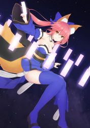Rule 34 | 1girl, animal ear fluff, animal ears, bare shoulders, black footwear, blue kimono, bow, breasts, cleavage, closed mouth, collarbone, commentary request, detached collar, detached sleeves, fate/grand order, fate (series), floating, fox ears, fox girl, fox tail, full body, glowing, highres, japanese clothes, kimono, kirou (kiruyuu1210), kitsune, knees together feet apart, long hair, long sleeves, looking at viewer, medium breasts, orange eyes, pink hair, purple bow, purple thighhighs, smile, solo, space, sparkle, tail, talisman, tamamo (fate), tamamo no mae (fate/extra), tamamo no mae (mythology), thighhighs, wide sleeves