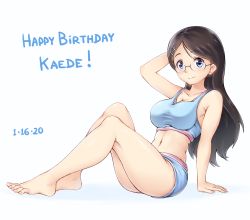 Rule 34 | 1girl, arm support, barefoot, black hair, blue bra, blue shorts, blush, bra, breasts, character name, cleavage, closed mouth, collarbone, dated, glasses, hair ornament, hairclip, happy birthday, highres, large breasts, long hair, looking at viewer, looking to the side, midriff, navel, saitou kaede (yama no susume), shorts, simple background, smile, solo, sports bra, underwear, white background, yama no susume