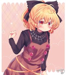 Rule 34 | 1girl, ahoge, black bow, black shirt, blonde hair, bow, brown skirt, brown vest, closed mouth, hair bow, highres, kemo chiharu, kurodani yamame, looking at viewer, red eyes, shirt, short hair, signature, skirt, smile, solo, spider web print, touhou, vest