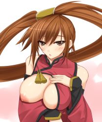 Rule 34 | 1girl, akitsuki karasu, arc system works, areola slip, blush, breast hold, breast slip, breasts, brown eyes, brown hair, chinese clothes, cleavage cutout, clothing cutout, guilty gear, highres, kuradoberi jam, large breasts, long hair, looking at viewer, nipples, one breast out, solo