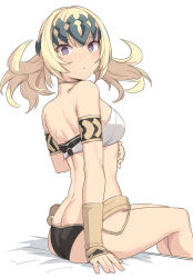 Rule 34 | 1girl, armlet, ass, back, bare shoulders, black panties, blonde hair, blush, bracer, breasts, butt crack, diadem, fate/grand order, fate (series), halterneck, jewelry, looking at viewer, medium breasts, medium hair, neck ring, panties, parted lips, pollux (fate), purple eyes, shiseki hirame, simple background, sitting, solo, thighs, underwear
