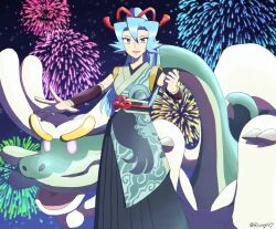 Rule 34 | 1girl, blue eyes, blue hair, clair (new year&#039;s 2024) (pokemon), clair (pokemon), creatures (company), drampa, fireworks, game freak, gen 7 pokemon, highres, japanese clothes, kimono, looking at viewer, night, night sky, nintendo, official alternate costume, open mouth, pokemon, pokemon (creature), pokemon masters ex, ponytail, rising147, sash, sky, sparkle, star (sky), yukata