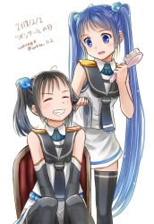 Rule 34 | 2girls, alternate hairstyle, artist name, bare arms, bare shoulders, between legs, black gloves, black hair, black legwear, black neckerchief, black sailor collar, blue eyes, blue hair, blush, chair, closed eyes, commentary request, dated, elbow gloves, gloves, gradient hair, grin, hair bobbles, hair brush, hair ornament, hairdressing, hand between legs, highres, holding, holding another&#039;s hair, holding brush, kantai collection, leaning forward, long hair, looking at another, looking down, looking to the side, multicolored hair, multiple girls, neckerchief, no gloves, open mouth, sailor collar, samidare (kancolle), shirt, simple background, sitting, skirt, sleeveless, sleeveless shirt, smile, standing, suzukaze (kancolle), thighhighs, twintails, twintails day, twitter username, very long hair, watage (wata), white background, white shirt, white skirt, zettai ryouiki