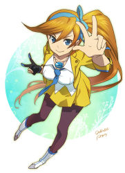 Rule 34 | 1girl, ace attorney, asao-vc, athena cykes, black pantyhose, blue eyes, blue necktie, blue ribbon, cropped jacket, dated, double v, from above, full body, gloves, hair between eyes, hair ribbon, jacket, jewelry, long hair, miniskirt, necklace, necktie, orange hair, pantyhose, partially fingerless gloves, ribbon, side ponytail, signature, single glove, skirt, smile, solo, v, very long hair, w, yellow jacket, yellow skirt