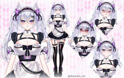 Rule 34 | 1girl, absurdres, animal ear fluff, animal ears, apron, black bow, black corset, black dress, black footwear, black nails, black thighhighs, black wristband, bow, breasts, character sheet, chenchen, chest harness, collarbone, corset, dress, expressions, eyes in shadow, fefe yt (vtuber), frilled dress, frilled wristband, frills, grey hair, hair between eyes, hair ribbon, harness, heart, heart-shaped pupils, highres, indie virtual youtuber, juliet sleeves, large breasts, long sleeves, maid, maid headdress, puffy sleeves, purple brooch, purple eyes, purple ribbon, red eyes, ribbon, symbol-shaped pupils, thighhighs, twintails, twitter username, two-tone dress, virtual youtuber, white apron