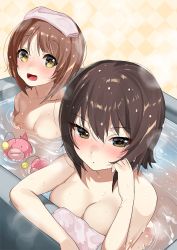 Rule 34 | 10s, 2girls, :d, anglerfish, bathing, bathtub, blush, breasts, brown eyes, brown hair, cleavage, dutch angle, fish, girls und panzer, head rest, large breasts, looking at viewer, medium breasts, multiple girls, nishizumi maho, nishizumi miho, open mouth, partially submerged, short hair, siblings, sisters, smile, steam, towel, towel on head, wet, wet hair, yanyo (ogino atsuki), yellow eyes