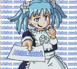 Rule 34 | 1girl, apron, text background, blue eyes, blue hair, blush stickers, handing object, looking at viewer, maid, oekaki, omega symbol, personification, psicochurroz, puzzle piece, puzzle piece hair ornament, sleeve cuffs, smile, smug, solo, twintails, upper body, waist apron, wikipe-tan, wikipedia