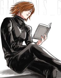 Rule 34 | 1boy, absurdres, bishounen, black pants, black shirt, blue eyes, book, brown hair, commentary, crisis core final fantasy vii, crossed legs, dangle earrings, earrings, final fantasy, final fantasy vii, genesis rhapsodos, hair over one eye, hand up, highres, holding, holding book, jewelry, long sleeves, male focus, no armor, no coat, no gloves, open book, pants, parted lips, reading, roku (gansuns), shadow, shirt, sitting, solo, turtleneck, turtleneck shirt, twitter username, upper body, white background