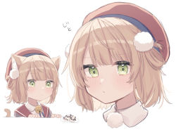 Rule 34 | 1girl, animal ear fluff, animal ears, bell, beret, blush, cat ears, cat tail, cookie, food, grey shirt, hair ornament, hair rings, hat, highres, indie virtual youtuber, jingle bell, jitome, kemonomimi mode, light brown hair, looking at food, looking at viewer, medium hair, multiple views, plate, pom pom (clothes), pom pom hair ornament, red headwear, red sailor collar, roku 6, sailor collar, shigure ui (vtuber) (1st costume), shigure ui (vtuber), shirt, sidelocks, simple background, sparkling eyes, tail, translated, two side up, upper body, virtual youtuber, white background