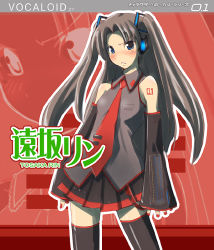 Rule 34 | 1girl, adapted costume, bare shoulders, black thighhighs, blue eyes, blush, brown hair, cosplay, crossover, detached sleeves, fate/hollow ataraxia, fate/stay night, fate (series), fue (rhomphair), hatsune miku, hatsune miku (cosplay), long hair, miniskirt, nail polish, necktie, parody, red nails, skirt, solo, tattoo, thighhighs, tohsaka rin, twintails, two side up, vocaloid, vocaloid boxart pose, zettai ryouiki