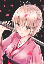 Rule 34 | 1girl, ahoge, arm up, black bow, blurry, blurry foreground, bow, breasts, commentary request, depth of field, fate/grand order, fate (series), fingernails, grey eyes, hair between eyes, hair bow, highres, holding, holding sword, holding weapon, japanese clothes, katana, kimono, koha-ace, light brown hair, long sleeves, looking at viewer, okita souji (fate), okita souji (koha-ace), parted lips, petals, pink kimono, short kimono, siroimo0828, small breasts, solo, sword, weapon, wide sleeves