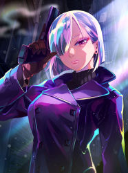 Rule 34 | 1girl, bob cut, brown gloves, closed mouth, coat, colored eyelashes, earrings, fiona frost, gloves, grey hair, gun, hair over one eye, handgun, holding, holding gun, holding weapon, jewelry, long sleeves, looking at viewer, medium hair, moroi, one eye covered, pink eyes, purple coat, solo, spy x family, stud earrings, trigger discipline, weapon
