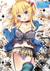 Rule 34 | 1girl, :d, absurdres, ahoge, aqua thighhighs, argyle, argyle background, argyle clothes, arm up, belt, belt buckle, black neckwear, black ribbon, black thighhighs, blonde hair, blue eyes, blush, bow, breasts, buckle, cameltoe, camisole, character request, choker, cleavage, cleft of venus, clothes lift, collarbone, copyright request, cross-laced clothes, dot nose, eyelashes, eyes visible through hair, fang, frilled thighhighs, frills, garter straps, gluteal fold, hair between eyes, hair bow, hair ornament, hair over shoulder, hairclip, halftone, halftone background, happy, head tilt, highres, jacket, jewelry, kino (kino konomi), lace, large breasts, long hair, long sleeves, looking at viewer, microskirt, navel, necklace, off shoulder, open clothes, open jacket, open mouth, outstretched arm, outstretched hand, panties, pantyshot, pink panties, plaid, plaid bow, plaid skirt, pleated skirt, purple bow, rabbit hair ornament, raised eyebrows, ribbon, shiny skin, sidelocks, silhouette, simple background, skirt, skirt lift, smile, solo, spaghetti strap, standing, star (symbol), star hair ornament, starry background, stomach, striped clothes, striped panties, striped thighhighs, text focus, thigh gap, thighhighs, thighs, translation request, two side up, underwear, unmoving pattern, upskirt, walking, wind, wind lift