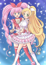 Rule 34 | 10s, 2girls, :d, akihara ryo, akihara ryou, blonde hair, blue background, blue eyes, boots, bow, braid, brooch, choker, cure melody, cure rhythm, curly hair, dress, earrings, eyelashes, full body, green eyes, hair ribbon, happy, heart, highres, houjou hibiki, jewelry, knee boots, long hair, magical girl, midriff, minamino kanade, multiple girls, open mouth, pink bow, pink hair, precure, red legwear, ribbon, smile, star (symbol), starry background, suite precure, thighhighs, twintails, white choker, wrist cuffs