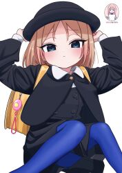Rule 34 | 2girls, adjusting clothes, adjusting headwear, backpack, bag, black capelet, black dress, black headwear, blue eyes, blue pantyhose, blush, bouen, capelet, commentary request, crime prevention buzzer, dress, feet out of frame, hat, highres, inset, light brown hair, looking at viewer, medium hair, multiple girls, original, pantyhose, pout, randoseru, school bag, simple background, sitting, white background, yellow bag
