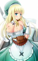 Rule 34 | 10s, 1girl, apron, bare shoulders, belt pouch, blonde hair, blue eyes, breasts, cleavage, detached collar, female focus, frying pan, gloves, highres, huge weapon, large breasts, long hair, looking at viewer, ocha (gogonuko), pouch, ribbon-trimmed clothes, ribbon-trimmed collar, ribbon-trimmed gloves, ribbon trim, senran kagura, shuriken, simple background, solo, weapon, white background, white gloves, yomi (senran kagura)