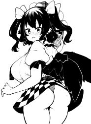 Rule 34 | 1girl, absurdres, ass, black hair, black skirt, black wings, breasts, cellphone, checkered clothes, checkered skirt, collared shirt, feathered wings, greyscale, hat, highres, himajin noizu, himekaidou hatate, large breasts, long hair, monochrome, panties, phone, pom pom (clothes), scallop, shirt, simple background, skirt, solo, tokin hat, touhou, twintails, underwear, white background, white shirt, wings