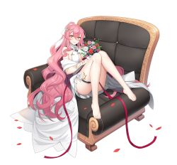 Rule 34 | 1girl, absurdres, ass, bare legs, bare shoulders, barefoot, bouquet, breasts, chair, convenient leg, counter:side, dress, flower, full body, hair ornament, highres, holding, knees up, large breasts, long hair, looking at viewer, official alternate costume, official art, orange eyes, pink hair, pleated dress, ponytail, sitting sideways, smile, solo, thigh strap, transparent background, veronica (counter:side), very long hair, wavy hair, wedding dress