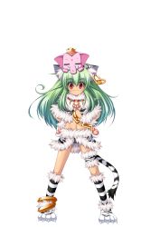 Rule 34 | 1girl, animal ears, animal hands, anklet, black panties, cat ears, chain, crop top, earrings, elephant, full body, gloves, green hair, hands on own hips, highres, jewelry, koihime musou, kuwada yuuki, long hair, midriff, moukaku, navel, panties, paw gloves, paw shoes, red eyes, shoes, skirt, smile, solo, tail, transparent background, underwear