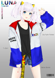 Rule 34 | absurdres, alternate costume, barcode, black shirt, blue eyes, blue shorts, casual, claw pose, clothes writing, collarbone, cowboy shot, denim, denim shorts, earrings, english text, fashion, fingernails, gradient background, grey background, hair ornament, hairclip, highres, jacket, jewelry, kaguya luna, long sleeves, looking at viewer, mumei (mumei 7743), nail polish, open clothes, open jacket, oversized clothes, shirt, shorts, silver hair, solo, t-shirt, the moon studio, tongue, tongue out, twintails, twitter username, virtual youtuber, white background, zipper